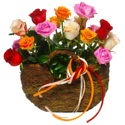 15 colorful roses in the basket